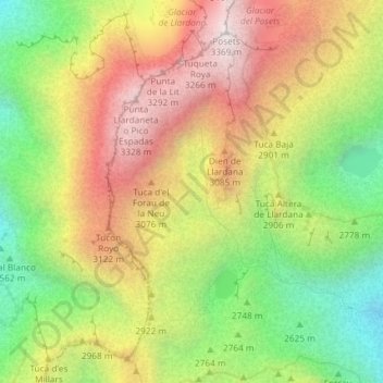 Mapa topográfico Forau de la Neu, altitude, relevo