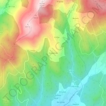 Mapa topográfico Cerqueiras, altitude, relevo