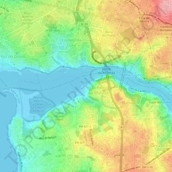 Mapa topográfico Afurada, altitude, relevo