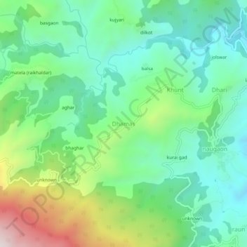 Mapa topográfico Dhamas, altitude, relevo