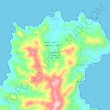 Mapa topográfico Cabo de Tres Forcas, altitude, relevo