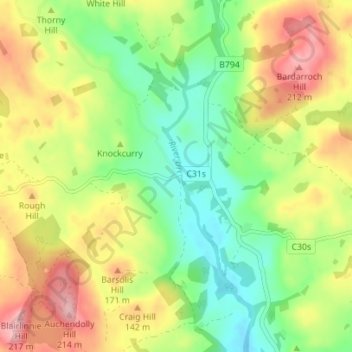 Mapa topográfico Knockvennie Smithy, altitude, relevo