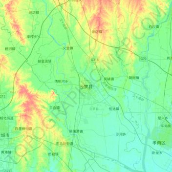 Mapa topográfico Yunmeng, altitude, relevo
