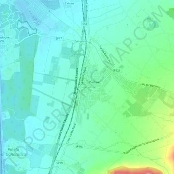 Mapa topográfico Donoratico, altitude, relevo
