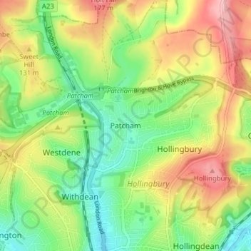Mapa topográfico Patcham, altitude, relevo