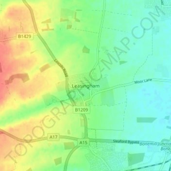 Mapa topográfico Leasingham, altitude, relevo
