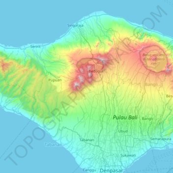 Mapa topográfico Bali Island, altitude, relevo