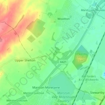 Mapa topográfico Wootton Green, altitude, relevo