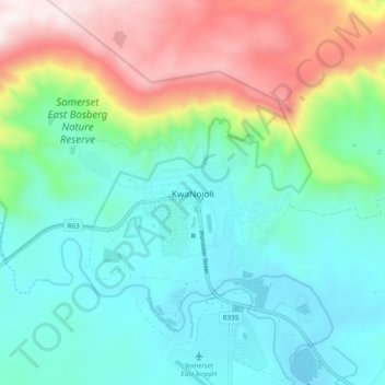 Mapa topográfico KwaNojoli, altitude, relevo