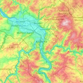 Mapa topográfico Koblenz, altitude, relevo