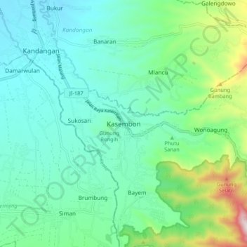 Mapa topográfico Kasembon, altitude, relevo