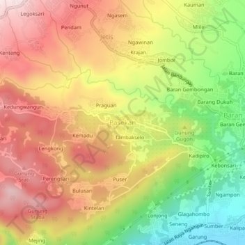 Mapa topográfico Pasekan, altitude, relevo