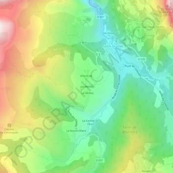 Mapa topográfico Les Merles, altitude, relevo