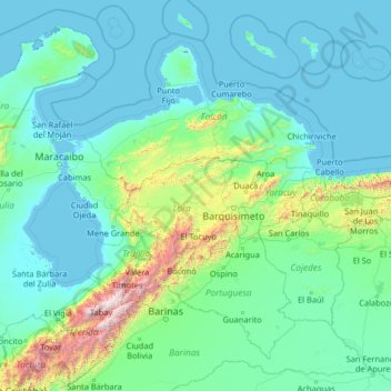 Mapa topográfico Lara, altitude, relevo