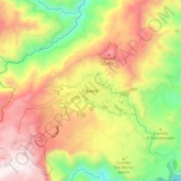 Mapa topográfico El Líbano, altitude, relevo
