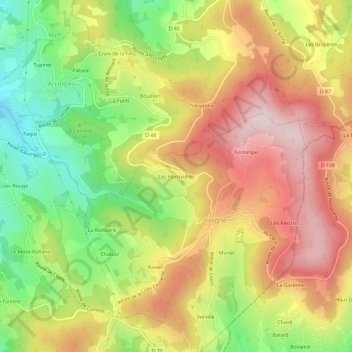 Mapa topográfico Les Harrivières, altitude, relevo