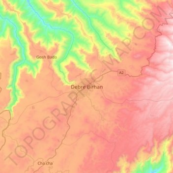 Mapa topográfico Debre Birhan, altitude, relevo
