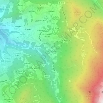 Mapa topográfico Les Cornets, altitude, relevo