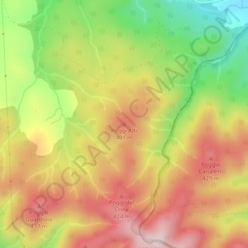 Mapa topográfico Poggi Alti, altitude, relevo