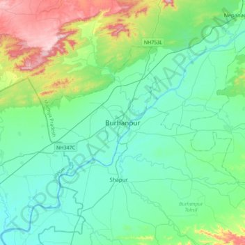 Mapa topográfico Burhanpur, altitude, relevo