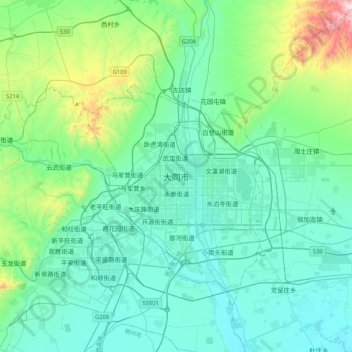Mapa topográfico 大同市, altitude, relevo