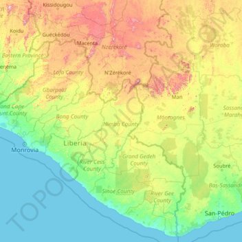 Mapa topográfico Nimba, altitude, relevo