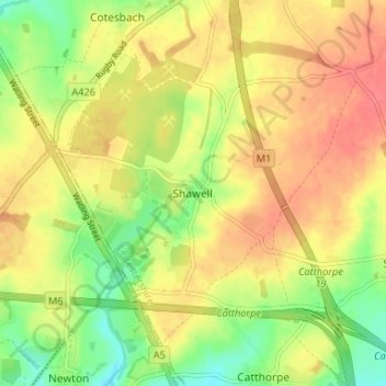 Mapa topográfico Shawell, altitude, relevo