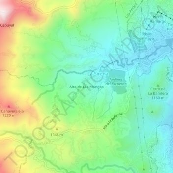 Mapa topográfico Alto de Los Mangos, altitude, relevo