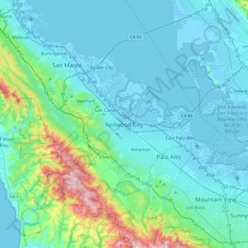 Mapa topográfico Redwood City, altitude, relevo