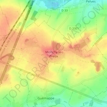 Mapa topográfico Monchy-le-Preux, altitude, relevo