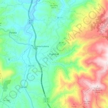 Mapa topográfico Espinhal, altitude, relevo