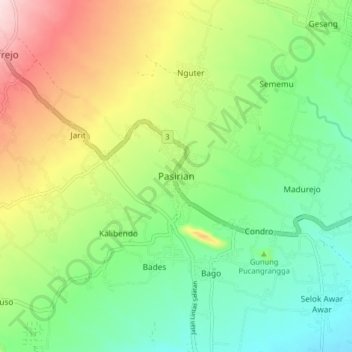 Mapa topográfico Pasirian, altitude, relevo