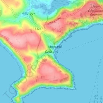 Mapa topográfico Cawsand, altitude, relevo
