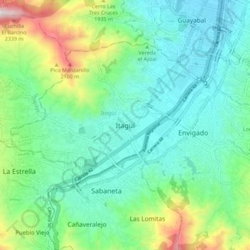 Mapa topográfico Itagüí, altitude, relevo