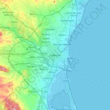 Mapa topográfico València, altitude, relevo