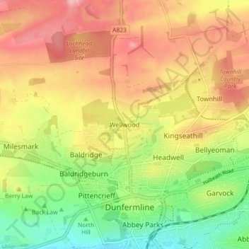 Mapa topográfico Wellwood, altitude, relevo