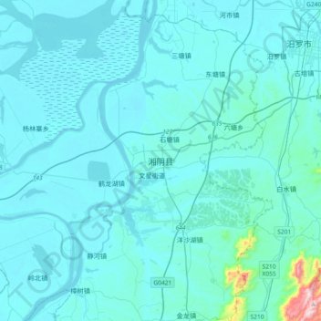 Mapa topográfico 湘阴县, altitude, relevo