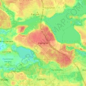 Mapa topográfico Værløse, altitude, relevo