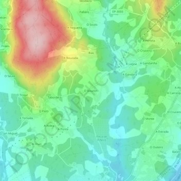 Mapa topográfico O Bouzón, altitude, relevo