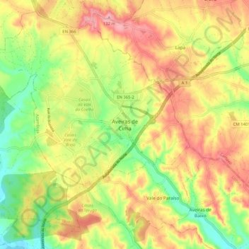 Mapa topográfico Aveiras de Cima, altitude, relevo