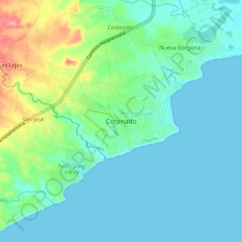 Mapa topográfico Coronado, altitude, relevo