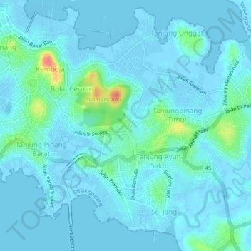 Mapa topográfico Kampung Baru, altitude, relevo