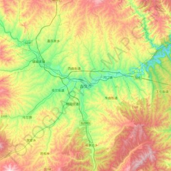Mapa topográfico 古交市, altitude, relevo