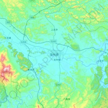 Mapa topográfico 龙州县, altitude, relevo