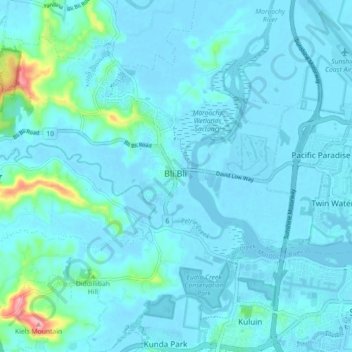 Mapa topográfico Bli Bli, altitude, relevo