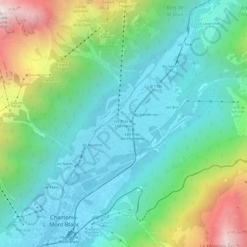 Mapa topográfico Les Praz de Chamonix, altitude, relevo