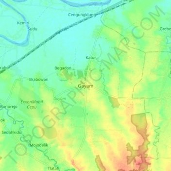 Mapa topográfico Gayam, altitude, relevo