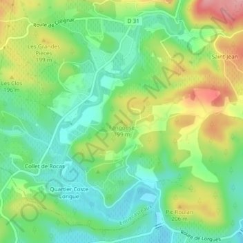 Mapa topográfico Fangouse, altitude, relevo