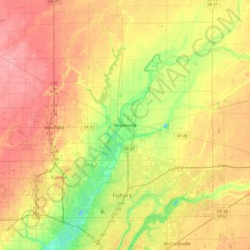 Mapa topográfico Noblesville, altitude, relevo