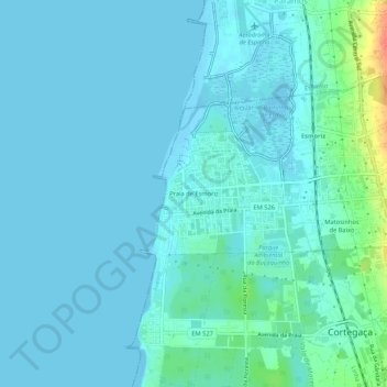 Mapa topográfico Praia de Esmoriz, altitude, relevo